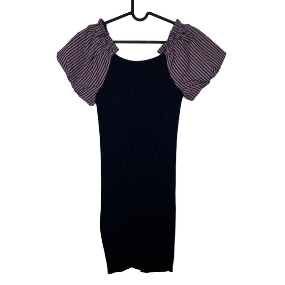 Maeve by Anthropologie Plaid Puff Sleeve Mini Ribbed Sweater Dress Size Small - Picture 3 of 7